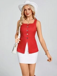 SHEIN LUNE 女式红色修身无袖 V 领收腰开衩下摆口袋背心，夏季 - 紅色 - 查看 2