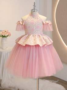 Flower Girl Big Tween Girl Sweet Textured Fabric Halter Halterneck Ruffle Sleeve Waisted Cake Puff Short Party Dress, Suitable For Wedding, Pageant, Birthday Party