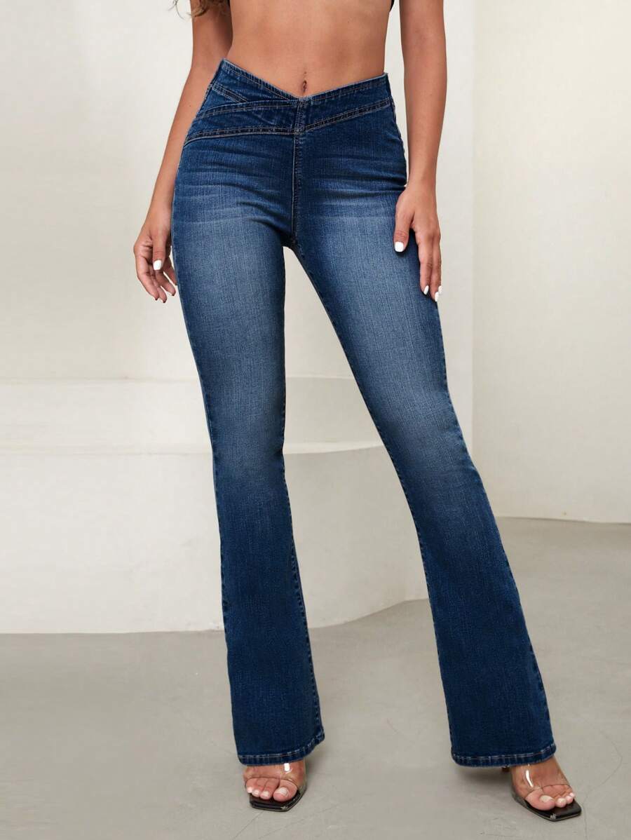 SHEIN Essnce Women's Asymmetric Waist Design Flare Casual Jeans - Navy Blue - View 1