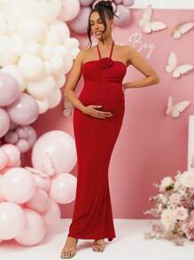 Loomaby Pregnant Women 3D Flower Red Maternity Dress, For Baby Shower Party, Valentine's Day
