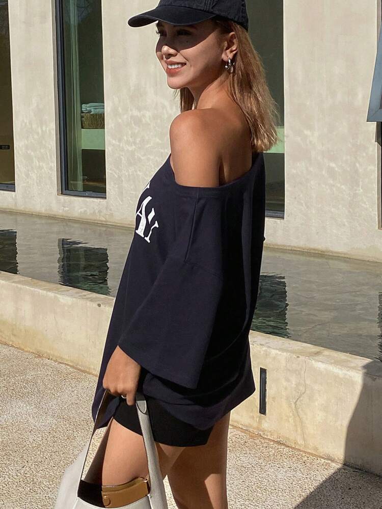 Women Oblique Shoulder Letter Print Loose Short Sleeve T-Shirt