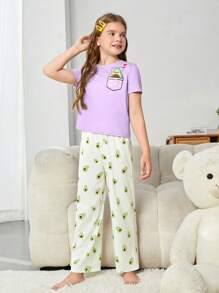 SHEIN Leap Crew Ensemble de pyjamas casual pour jeunes filles avec t-shirt ajusté à manches courtes à col rond en couleur unie et pantalon ample à imprimé amusant