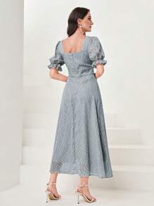 Modelyn Women's Square Neck Short Puff Sleeve Ruffle Elegant Long Dress - Mint Blue - View 2