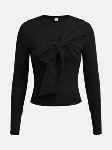 SHEIN Girlism Camiseta de manga larga de cuello redondo con diseño de lazo de punto texturizado de unicolor, Top informal para capas, gris, adecuada para Navidad y Acción de Gracias, para adolescentes