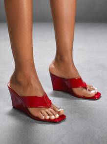 CUCCOO SZL Square Toe Wedge Heels Sandals, Wine Red Thick Bottom Slide Sandals, Bad Girl Nighttime Outfit Street Style Sexy Date Party Summer Spring Shoes Spring Break Easter