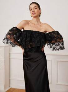 Aveloria Rosie 女士优雅露肩荷叶边短款上衣，性感又别致 - 黑色 - 查看 3