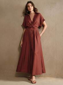 Anewsta Women's Design Sense V-Neck Single-Breasted Twist Waist Long Dress, Suitable For Festival, Going Out, Vacation Outfits - Burgundy - View 7