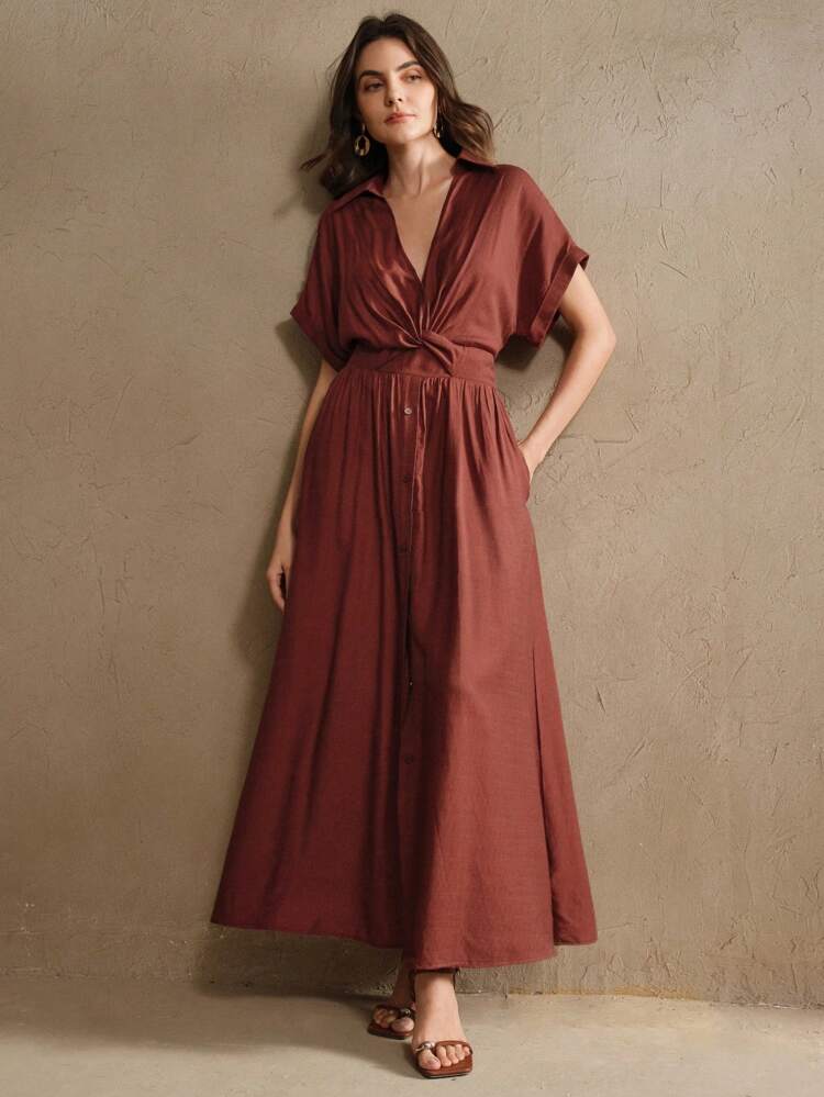 Anewsta Essential Women's Design Sense V-Neck Single-Breasted Twist Waist Long Dress, Suitable For Festival, Going Out, Vacation Outfits