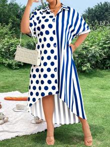 SHEIN LUNE Plus Size Women's Floral, Polka Dot & Stripe Patchwork V-Neck Short Sleeve Asymmetrical Hem Casual Dress, Spring/Summer