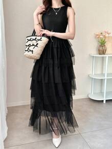 FRIFUL Vestido negro largo y entallado de malla con silueta A, vestido de fiesta, vestido de invitada para bodas, conjunto formal de vacaciones para mujer, vestido de verano elegante