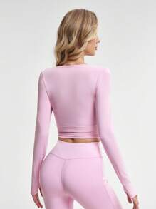 SHEIN Sports 女士纯色抽绳短款运动 T 恤，简约 - 粉色 - 查看 2