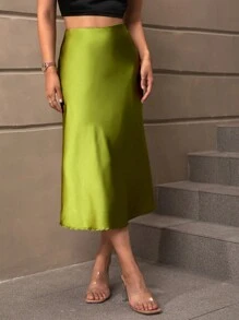 SHEIN PETITE CURVE 大码女式纯色高腰美人鱼下摆绿色裙子 - 橄欖綠 - 查看 6