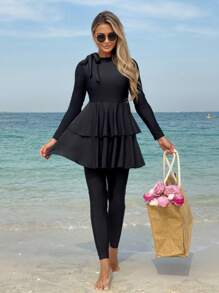 SHEIN Swim Mulvari Women's New 2 Pieces Set: Long Sleeve Mock Neck Top With Ruffled Trim & Solid Color Pants, Modest Burkini Set, For Summer Beach Vacation Arabic Clothing - Black - View 1