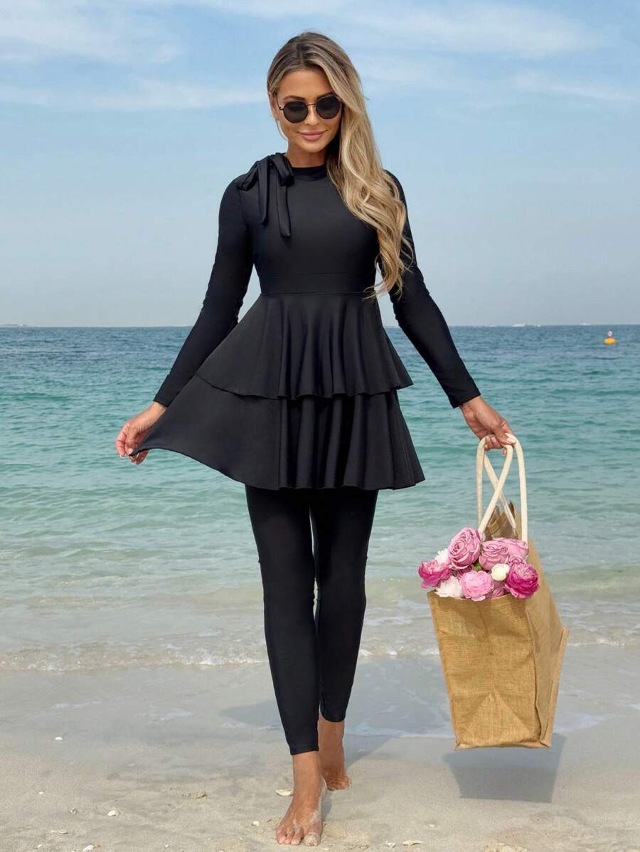 SHEIN Swim Mulvari Women's New 2 Pieces Set: Long Sleeve Mock Neck Top With Ruffled Trim & Solid Color Pants, Modest Burkini Set, For Summer Beach Vacation Arabic Clothing - Black - View 1