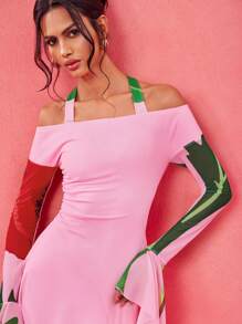 BELANGE HANDMADE Designer Pink Floral Halter Tie Neck Long Flared Sleeve Asymmetrical Hem Valentine's Day Dating Dress, Festival, Concert Outfit Spring Dresses For Women Festival Outfits For Women Cocktail Dresses Women Spring Dress Party Dresses For Women Cocktail Dresses, Rave, Pastel, Prom Dress
