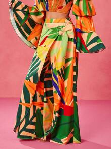 BELANGE HANDMADE Designer Boho Bohemian Multicolor Tropical Floral Print Buttoned Wide-Leg Casual Pants For Spring And Summer Vacation, Festival, Ibiza Fits Resort Pants
