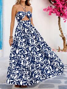 Vivid Eden Vrouwen vakantie bloemenprint cutout hals jurk