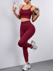 Easithlete Red Date Color Yoga Racerback Tank Top & High Waist Pants Set, & Stylish Yoga Outfit - Burgundy - View 3