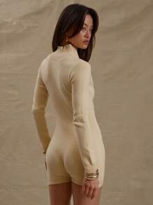 MUSERA 修身针织长袖高领超短迷你连体裤，春季可爱奶油黄时尚款