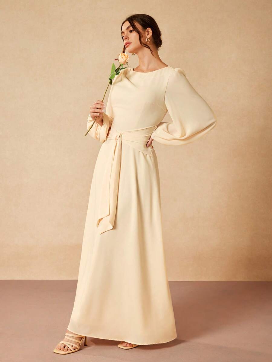 Oxana Designer weißes elegantes langes Ärmeln Knoten A-Linien Rundhals Maxikleid, Festival Outfits, Hochzeitssaison, für Frauen, Konzert, Elegant, Urlaub, Business Lässig, Minimalismus, Abiballkleid