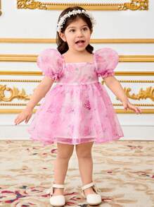 SHEIN Baby Girl Flower Print Rose Design Puff Sleeve Organza Dress