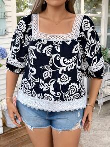 Flirla Plus Size Mulheres Primavera Verão Retro Gola Quadrada Painel de Renda Crochê Manga Flare Blusa Floral Camisa, Verão - Preto - Ver 1