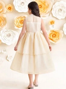 SHEIN Tween-Mädchen Elegantes Organza-Kleid mit Blumenmuster, Stehkragen und doppellagigem Saum aus Jacquard - Aprikosenfarben - Übersicht 10