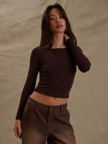 MUSERA Off Shoulder Bardot Fitted Long Sleeve Top Valentine Cute Fall Spring Summer - Coffee Brown - View 1