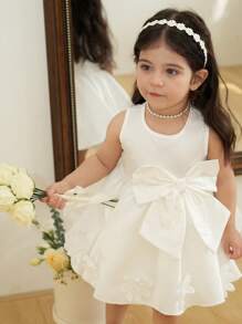 Baby Girls' Plus Size A-Line Dress With Solid Color, High-End Bow And 3D Floral Decor
