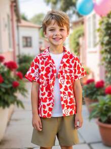 Tween Boys Fashion Casual Cămașă cu imprimeu inimă Set de ținute 2 buc, potrivit pentru îmbrăcăminte zilnică, de vacanță, de agrement - Multicolor - Vizualizare 1