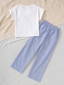 SHEIN 2pcs Tween Girls Casual Human Portrait Print Bow Decor Loose T-Shirt And Wide Leg Pants Set,Kids - Blue - View 3