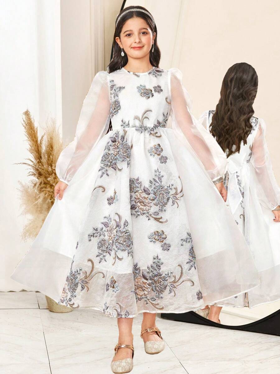 SHEIN Tween Girls Floral Organza Jacquard Ruffle Bow Decor Lantern Sleeve Elegant Dress, Renaissance Style, Princess Gown, Perfect For Birthday Party, Graduation Ball - Multicolor - View 1