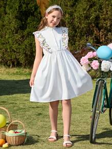 1 pièce Robe chemise à volants avec imprimé floral pour fille, convient pour les vacances à la plage et les voyages à la campagne - Blanc - Voir 4
