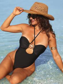 Swim Vcay 1 pièce Maillot de bain sexy pour femme de couleur unie avec décoration d'étoile dorée, slip tanga à dos ouvert, monokini sexy pour adultes à la plage - Noir - Voir 5