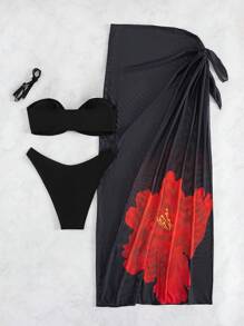 Swim EVENT 3 pièces Set Springbreak : Cache-maillot à motif floral noir, robe de plage, bikini sexy et élégant, convient pour la fête, les vacances, le casual - Noir - Voir 5