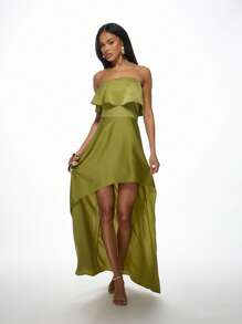 MISSGUIDED Elegant High-Low Strapless Evening Maxi Dress With Ruffle Overlay Perfect For Party Wedding Guest Special Occasion Formal Events Holiday Season Prom Gala - Olive Green - View 1
