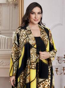 Modelyn Plus Size Women 2pcs Set Leopard Print Asymmetric Hem Long Sleeve Jacket And Pants - Yellow - View 3