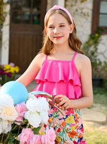 Sparklyn Tween 女童荷叶边吊带上衣和阔腿花卉印花裤套装，优雅度假、海滩、旅行、摄影装 - 玫紅色 - 查看 4