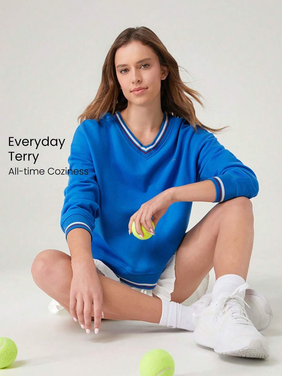 GLOWMODE Everyday Fleece Tennis V Neck Ribbed Neckline Cuffs Side Slits Sweatshirt Daily Casual Spring