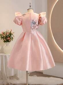 Robe courte de demoiselle d'honneur à ligne A, texture à volants et manches bouffantes, de qualité supérieure, pour mariage, bal de promo, anniversaire - Rose bonbon - Voir 2