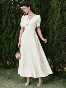 Modelyn Women's Elegant Solid Color Balloon Sleeve Arabic Style Long Dress - White - View 2