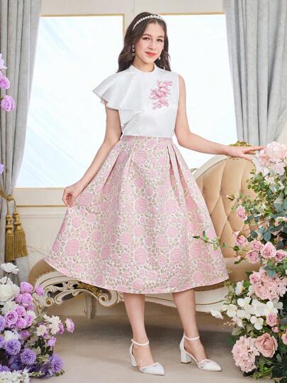 SHEIN 2 件套青少年女孩优雅小立领不对称荷叶边袖衬衫 + 3D 花卉纹理提花裙公主裙套装