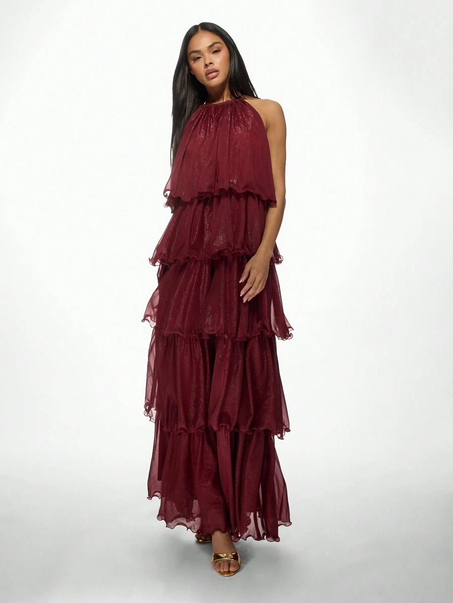 MISSGUIDED Elegant Tiered Ruffle Shimmer Chiffon Halter Neck Maxi Dress  ChristmasMISSGUIDED