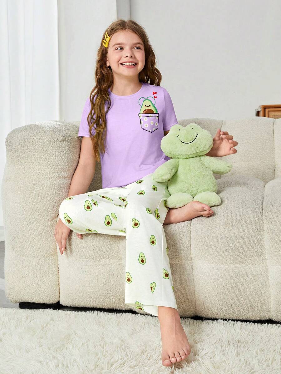SHEIN Leap Crew Ensemble de pyjamas casual pour jeunes filles avec t-shirt ajusté à manches courtes à col rond en couleur unie et pantalon ample à imprimé amusant