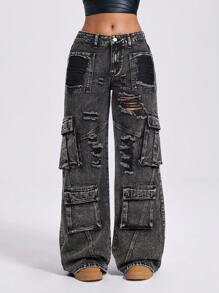 SHEIN ICON Quần Jeans Ống Rộng Cạp Thấp Rửa Sạch Bằng Axit Cổ Điển Cho Nữ Quần Jeans Ống Rộng Rửa Sạch Grunge Cạp Thấp Ống Rộng Cho Nữ - màu đen - Xem 4