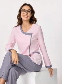 TaskEZ Conjunto de blusa y pantalón de un solo color, estilo minimalista con mangas largas para mujer. Conjunto de uniforme de enfermería con parte superior e inferior, transpirable y con bolsillos. Conjunto de uniforme de enfermería con parte superior con cuello en V y pantalón de pierna recta. Conjunto de uniforme de enfermería con parte superior elástica y pantalón cargo con cordón.