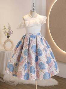 Girls Ruffle Collar Mesh Top + Jacquard Waist Skirt Set, Gorgeous Party Outfit, Elegant For Flower Girl, Bridesmaid, Wedding