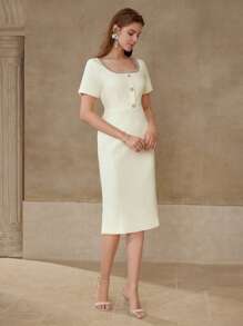 MOTF PREMIUM RHINESTONE BEADED BUTTON DECOR DRESS - Apricot - View 6