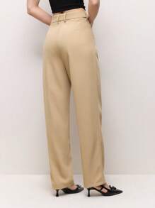 BizChic 女士纯色口袋褶皱简约休闲裤，日常穿着 - 卡其色 - 查看 4