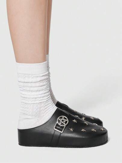 Gothic Cross Strap Star Mules, Hollow-Out Loafers, College Style Platform Mary Jane Shoes, Women's Retro Punk Rock Wedge & Chunky Sole Flats, Halloween